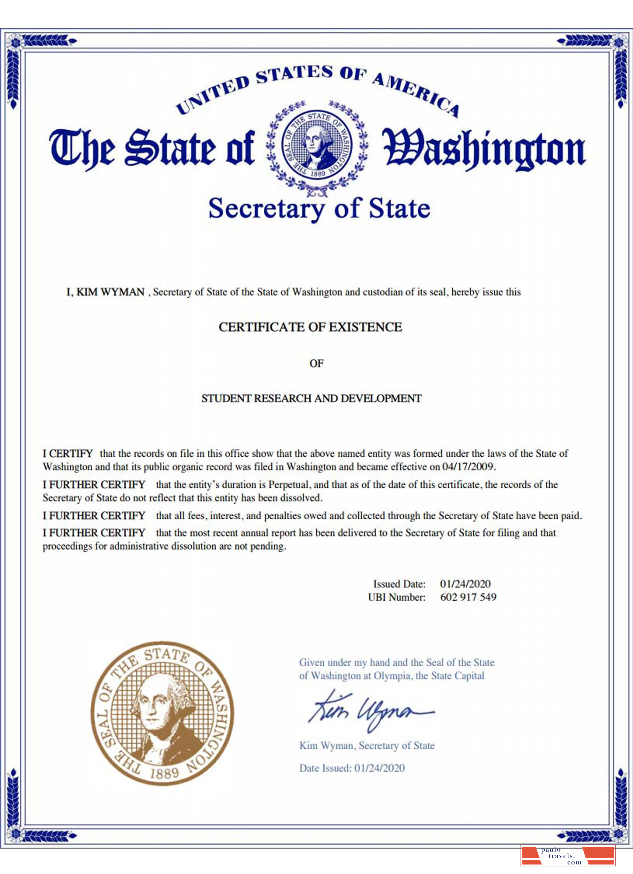 USA Washington certificate of good standing